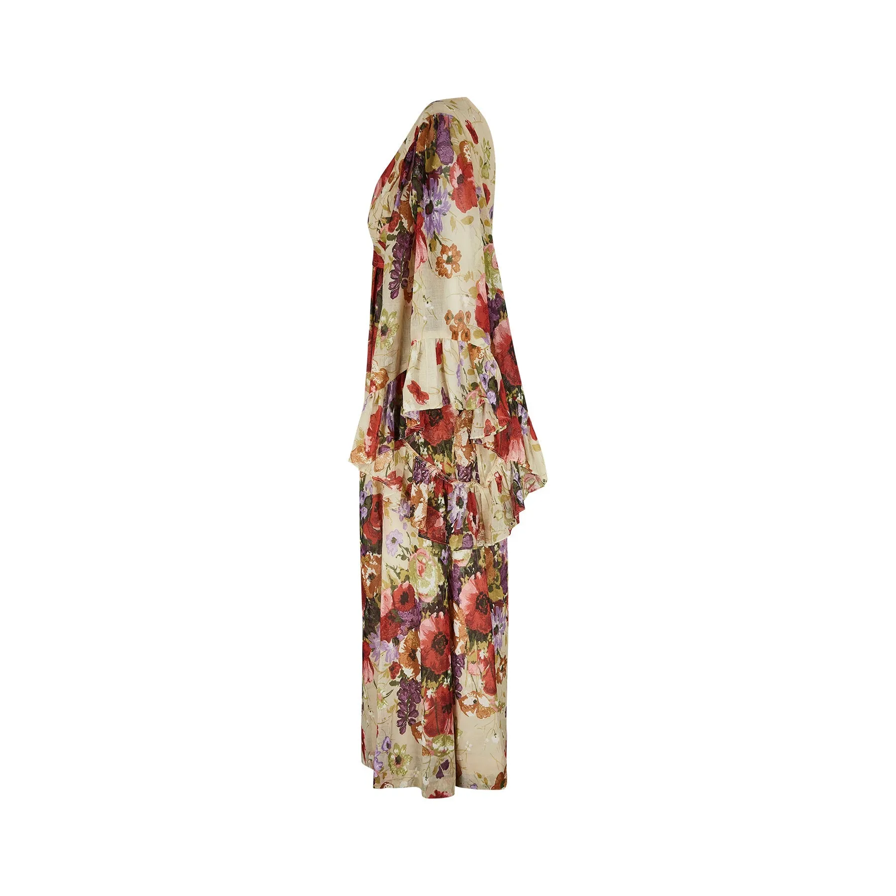 1970s Angel Sleeve Poppy Print Cotton Maxi Dress