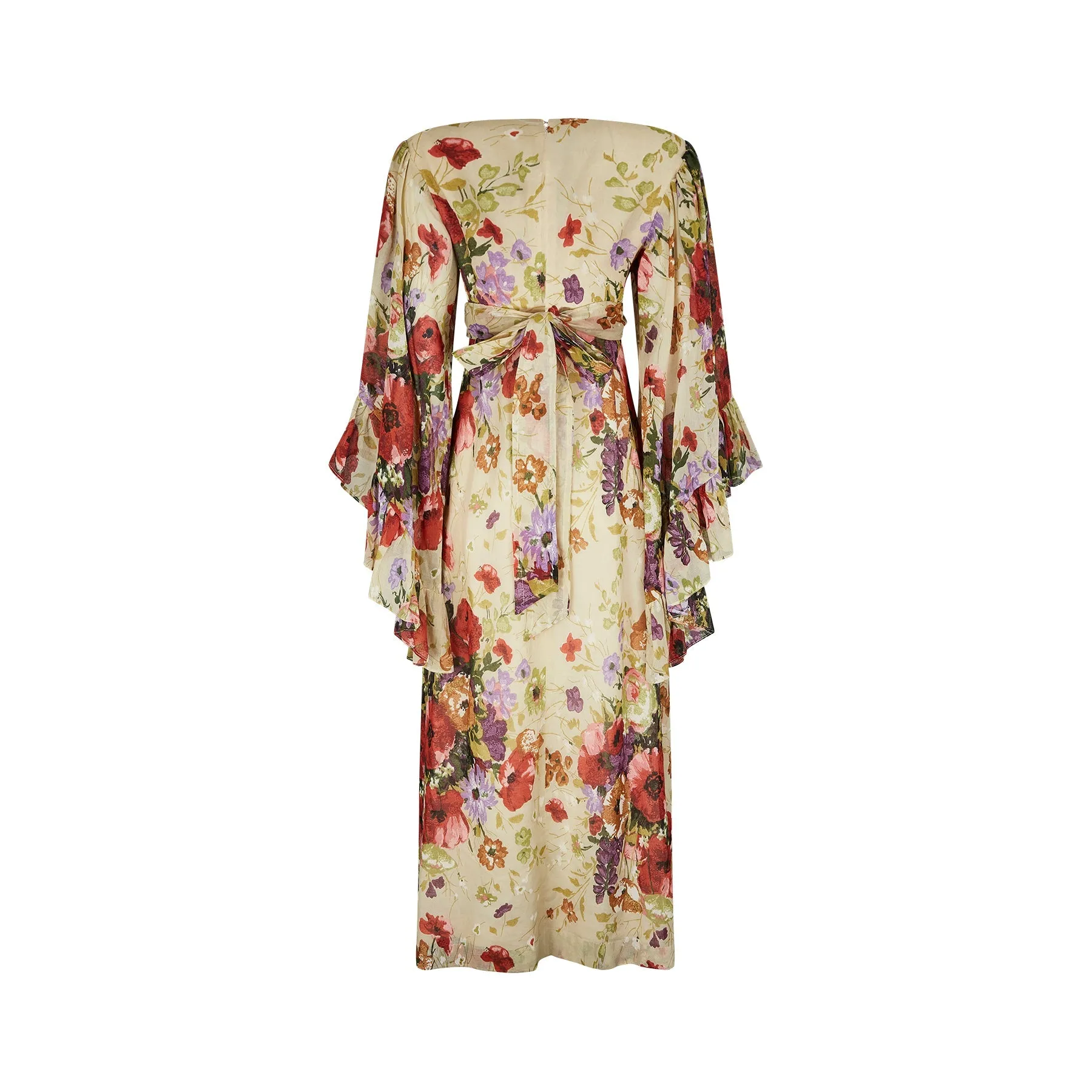 1970s Angel Sleeve Poppy Print Cotton Maxi Dress