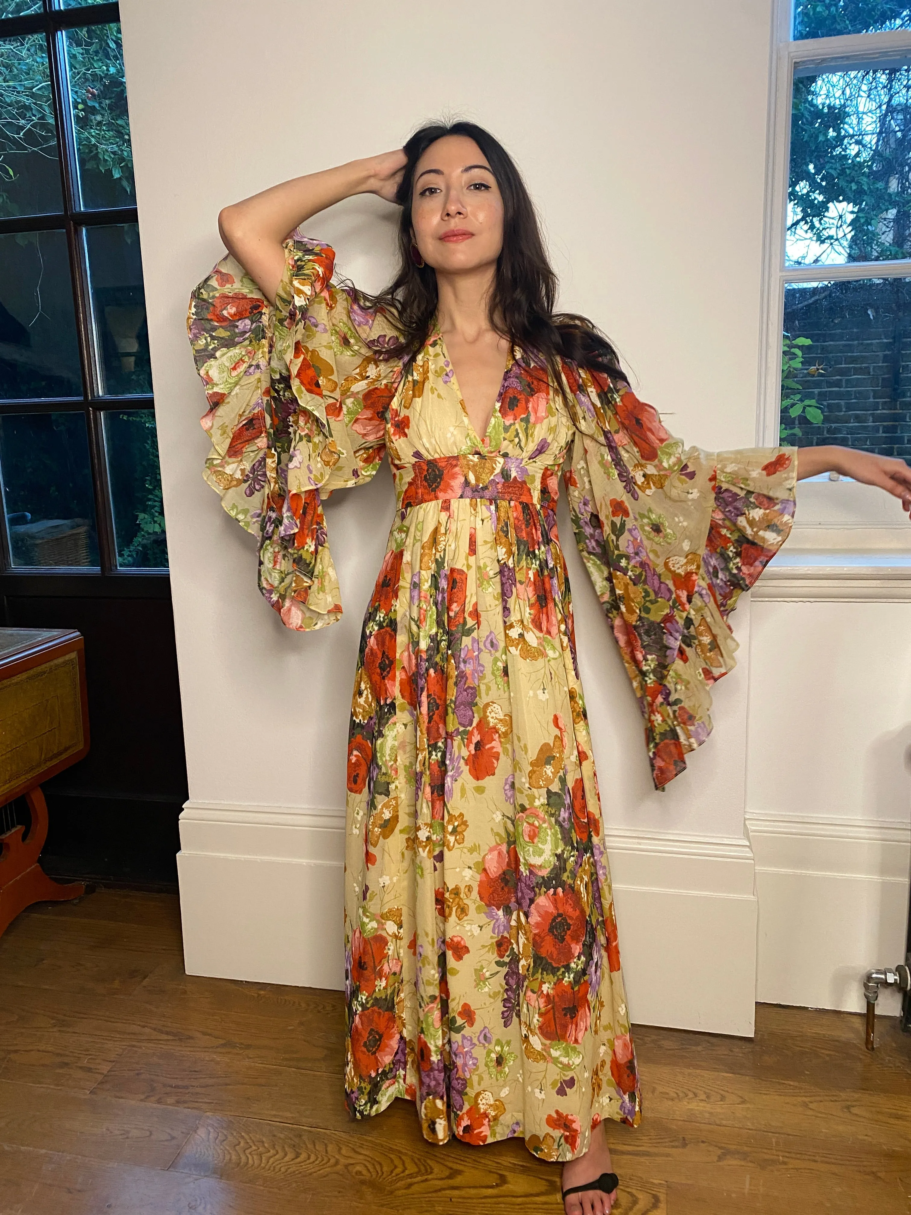 1970s Angel Sleeve Poppy Print Cotton Maxi Dress