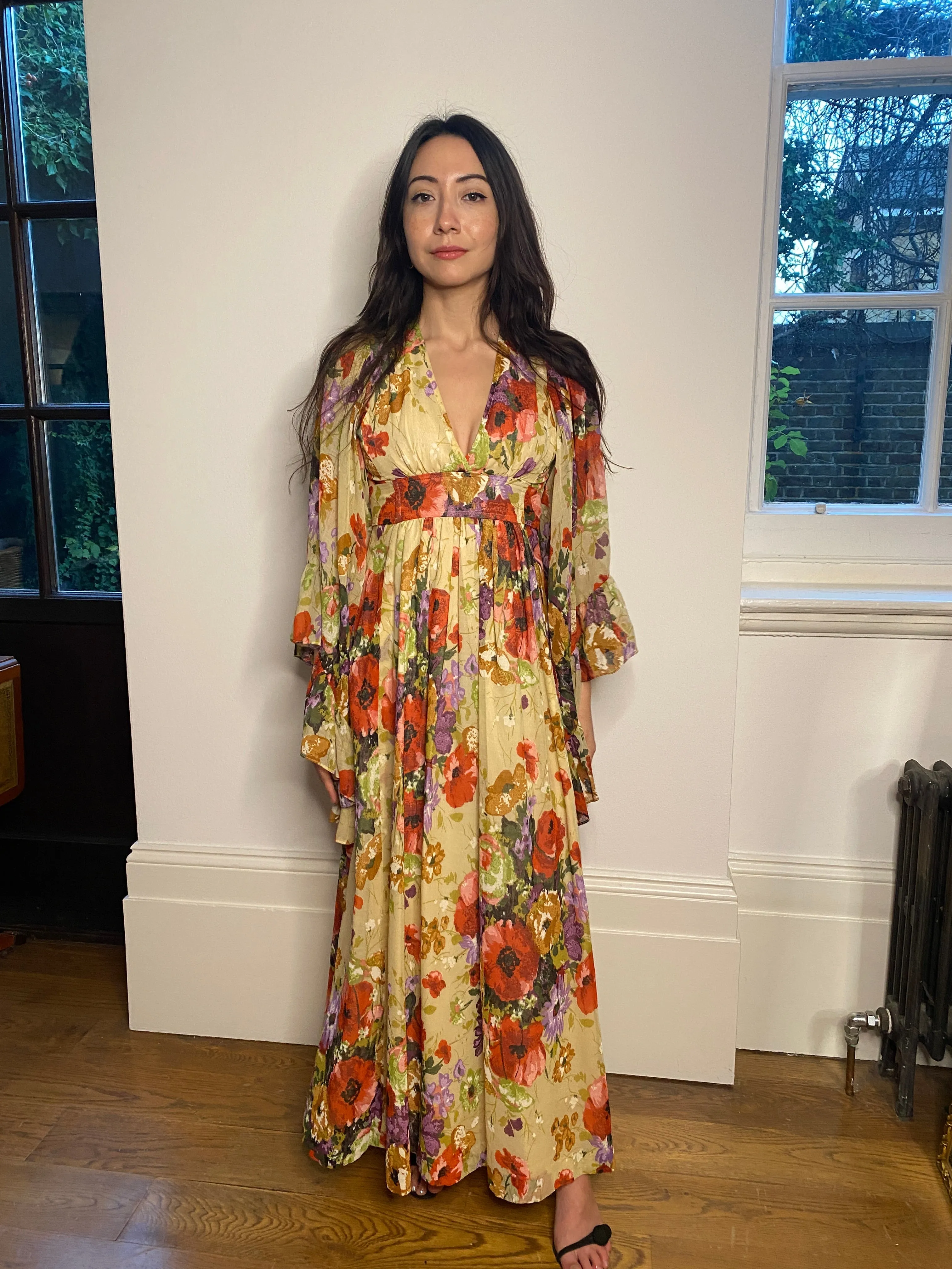 1970s Angel Sleeve Poppy Print Cotton Maxi Dress
