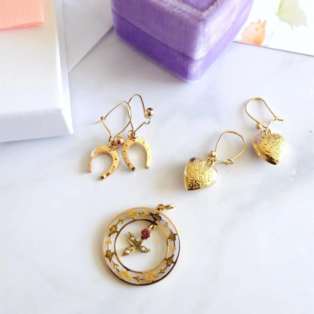 Antique 1970s 9ct Rose Gold Good Luck Horseshoe Drop Earrings