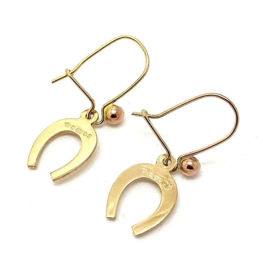 Antique 1970s 9ct Rose Gold Good Luck Horseshoe Drop Earrings
