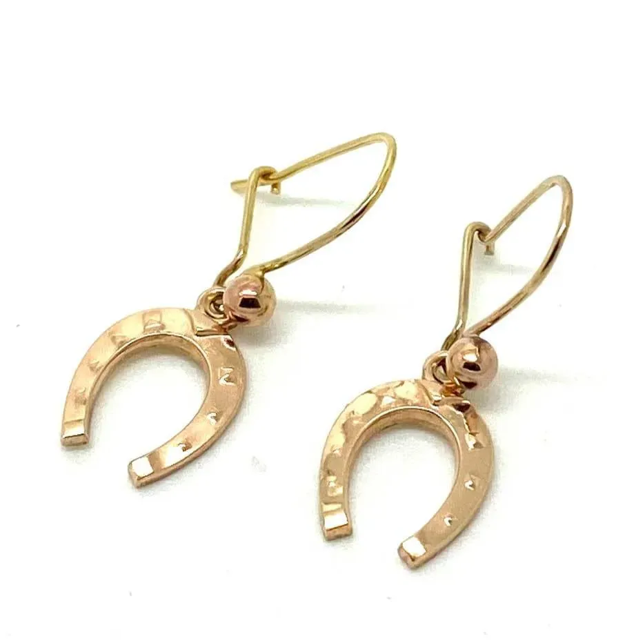 Antique 1970s 9ct Rose Gold Good Luck Horseshoe Drop Earrings