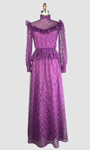 PRAIRIE TALE 70s Purple Chantilly Lace Granny  Dress  Small