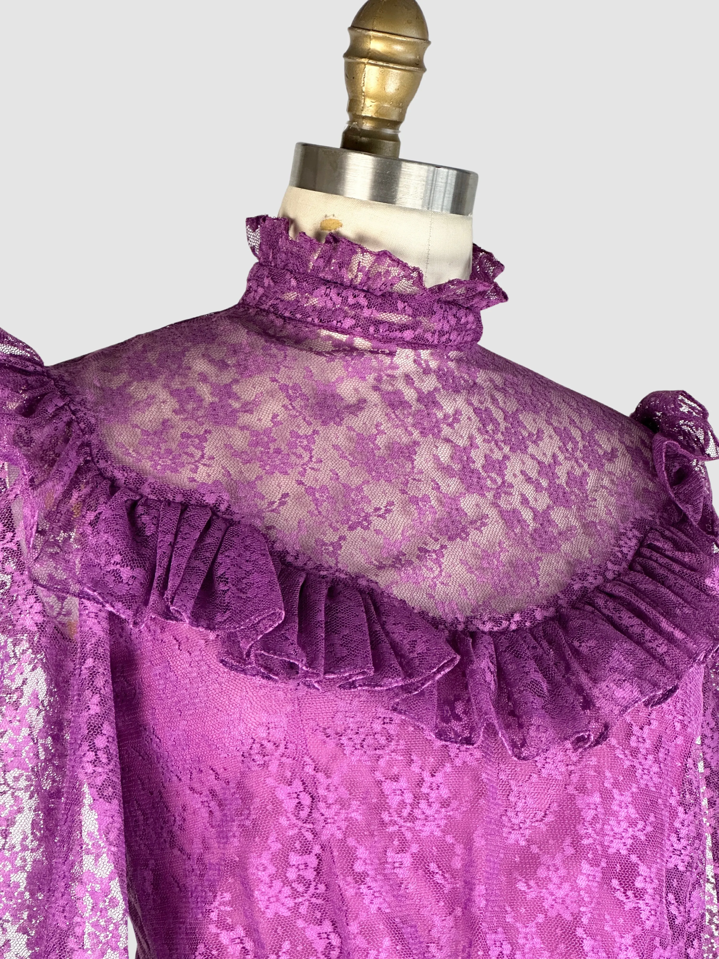PRAIRIE TALE 70s Purple Chantilly Lace Granny  Dress  Small