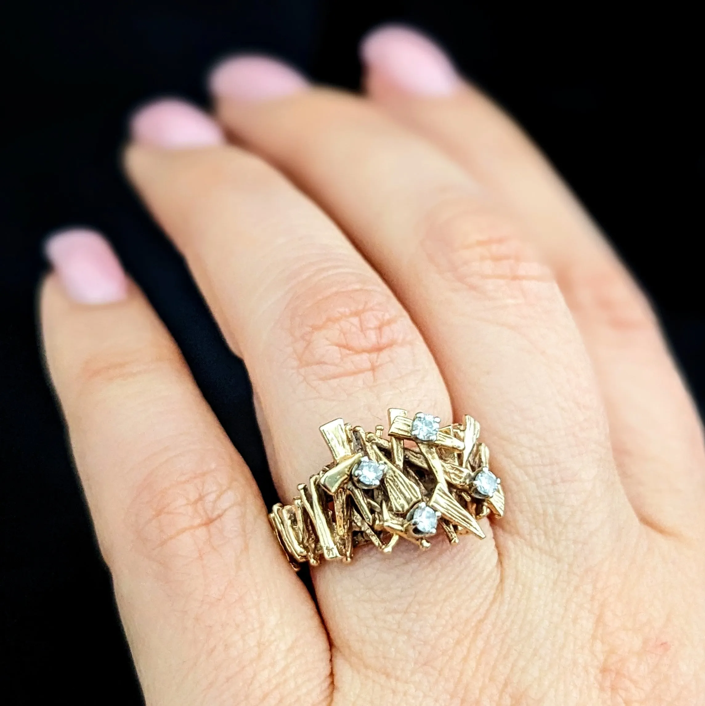 The Fremont - 1970's Brutalist Diamonds 14k Yellow Gold Cocktail Ring