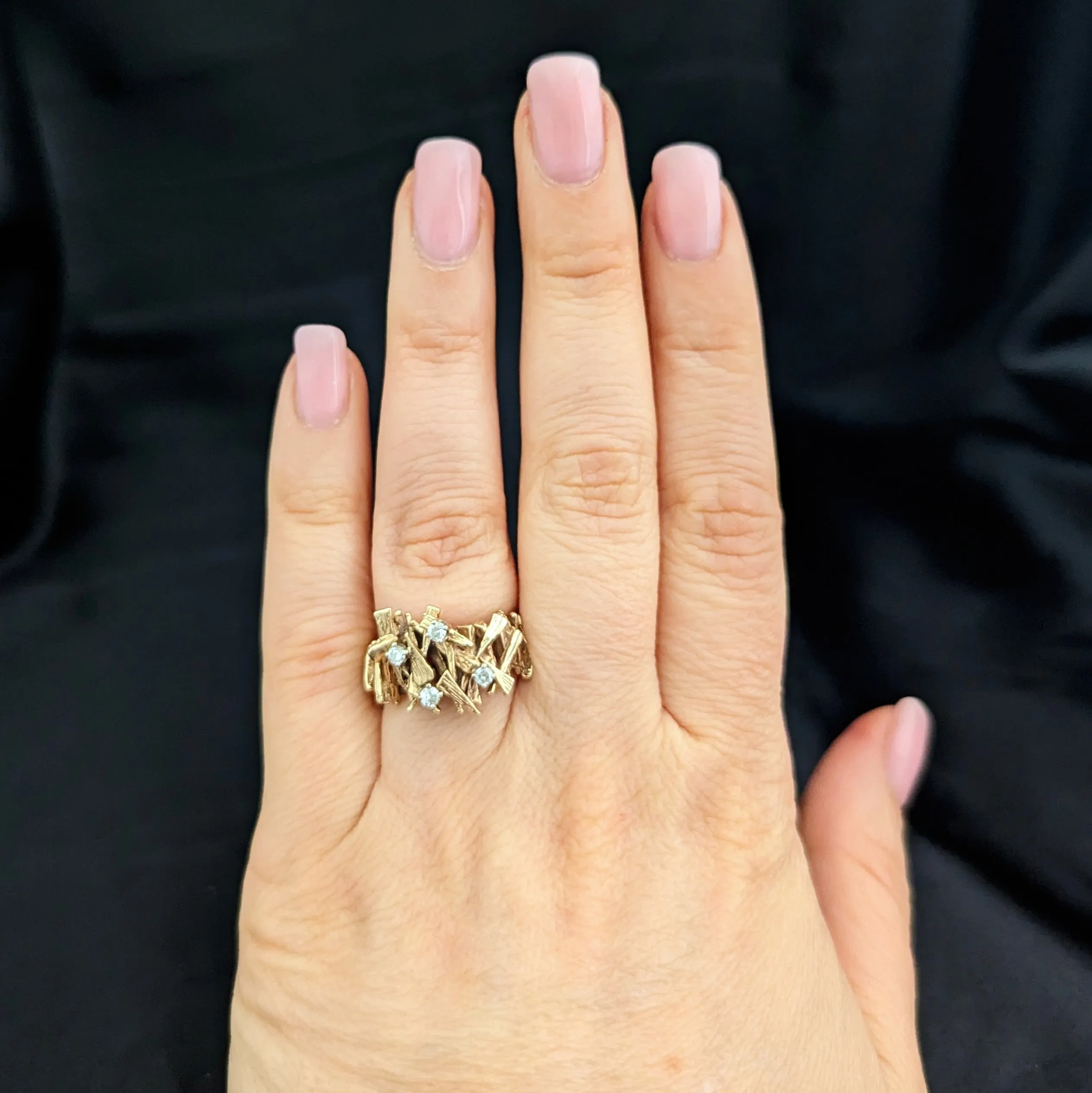 The Fremont - 1970's Brutalist Diamonds 14k Yellow Gold Cocktail Ring