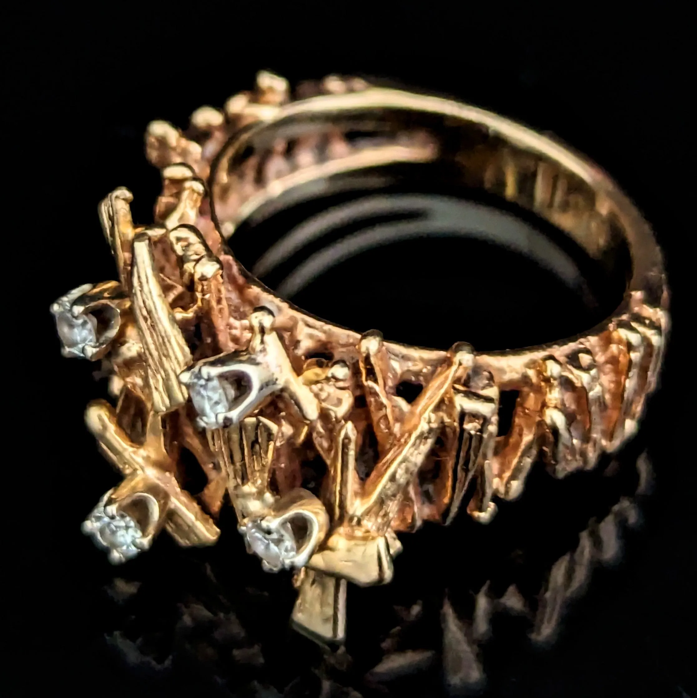 The Fremont - 1970's Brutalist Diamonds 14k Yellow Gold Cocktail Ring