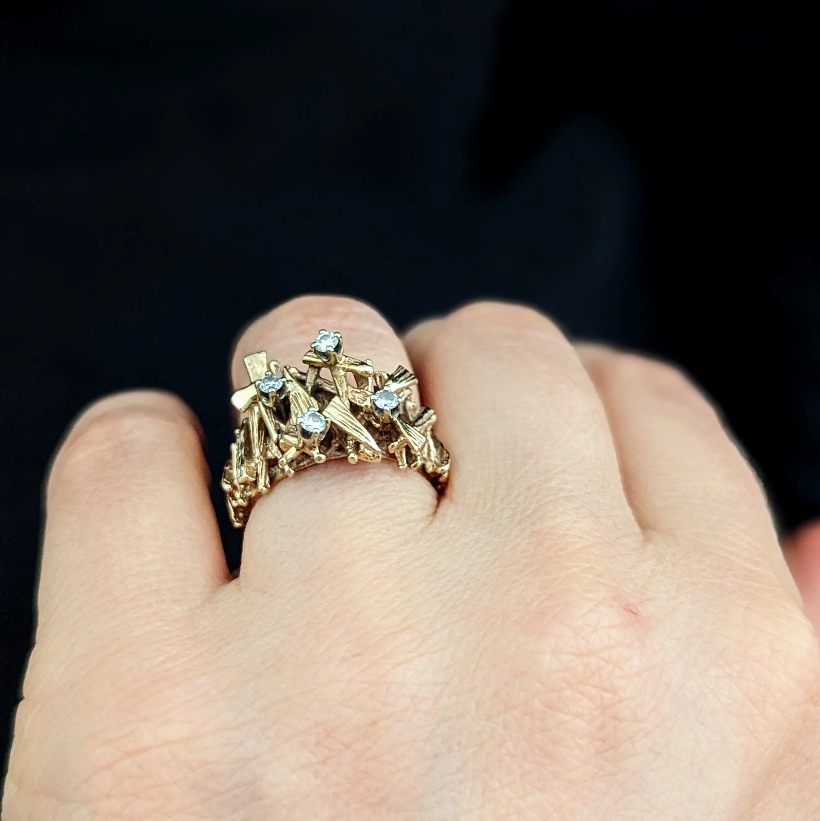 The Fremont - 1970's Brutalist Diamonds 14k Yellow Gold Cocktail Ring