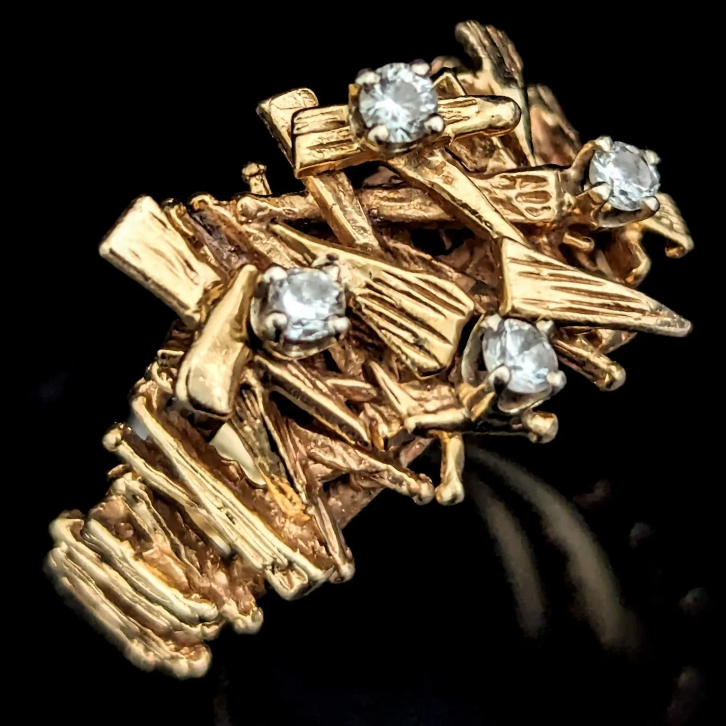 The Fremont - 1970's Brutalist Diamonds 14k Yellow Gold Cocktail Ring